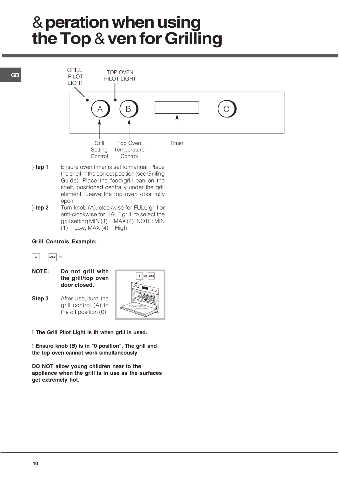 Hotpoint DY46X2, DY46K2, DY46W2, BD32K2, BD32P2, BD42SS2, BD32B2 manual Operation when using Top Oven for Grilling 