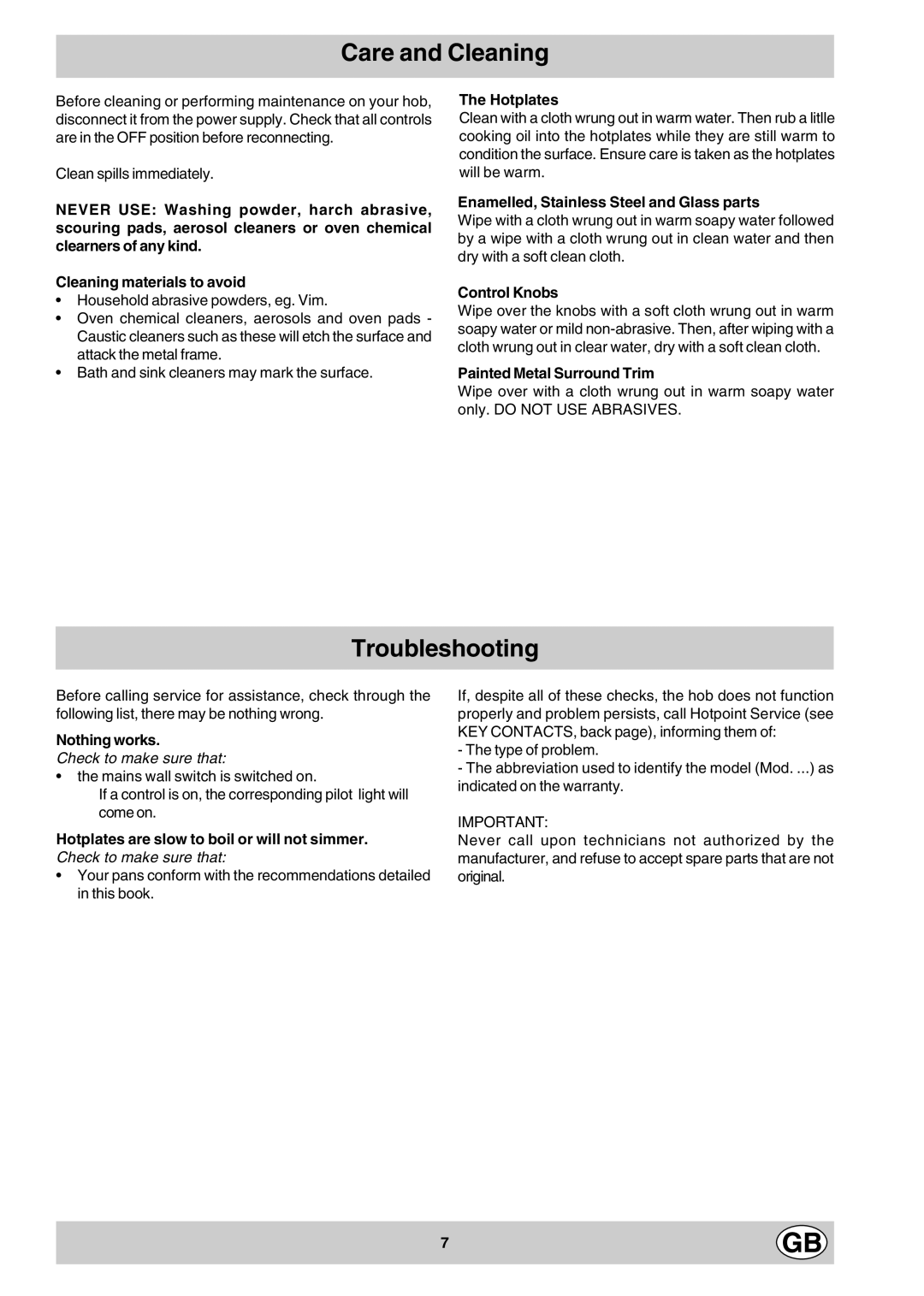 Hotpoint E302X manual Care and Cleaning, Troubleshooting 