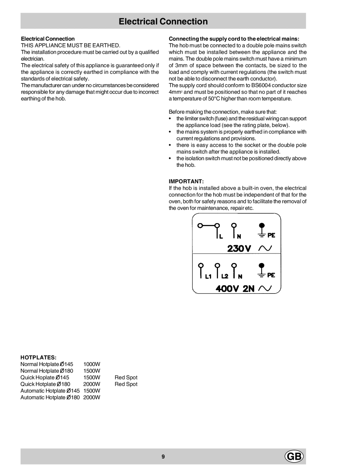 Hotpoint E302X manual Electrical Connection, Before making the connection, make sure that 