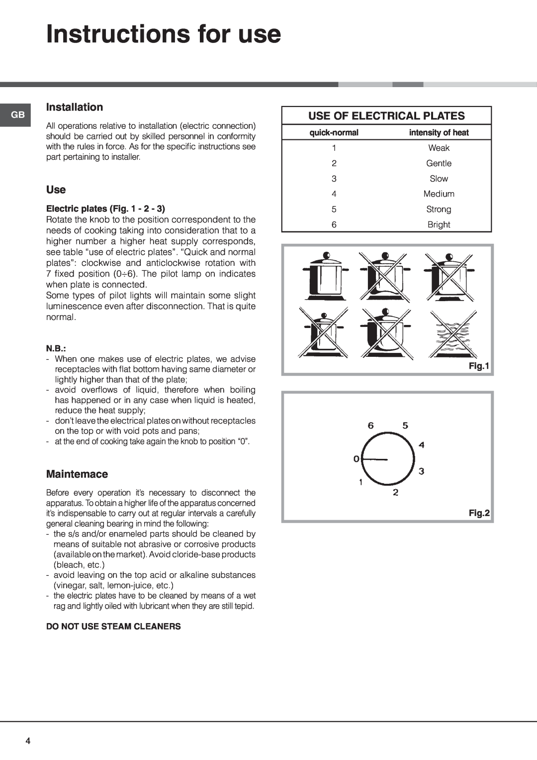 Hotpoint E320SIX manual Instructions for use, Installation, Maintemace, Use Of Electrical Plates, Electric plates Fig 