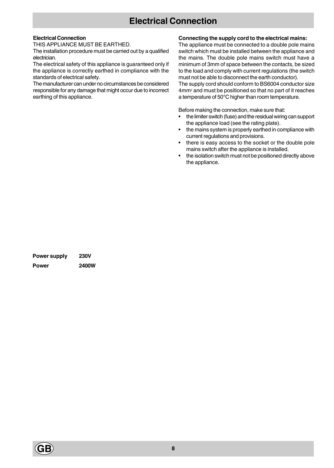 Hotpoint E3BX manual Electrical Connection, Power supply 230V Power2400W 