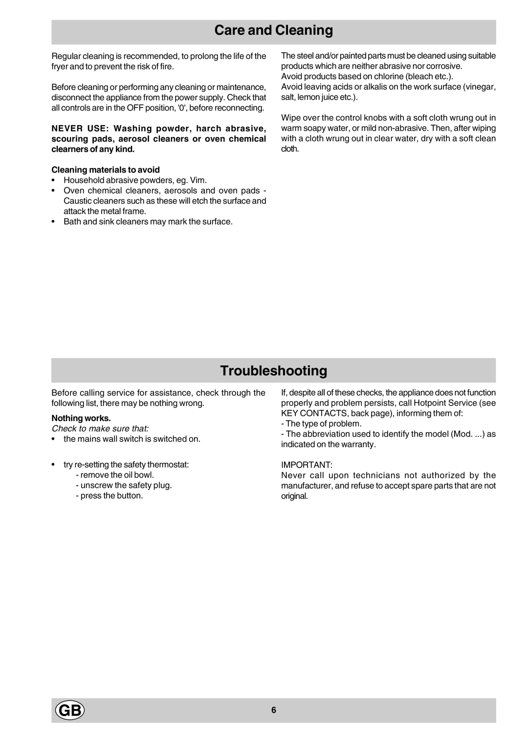 Hotpoint E3FX manual Care and Cleaning, Troubleshooting, Nothing works 