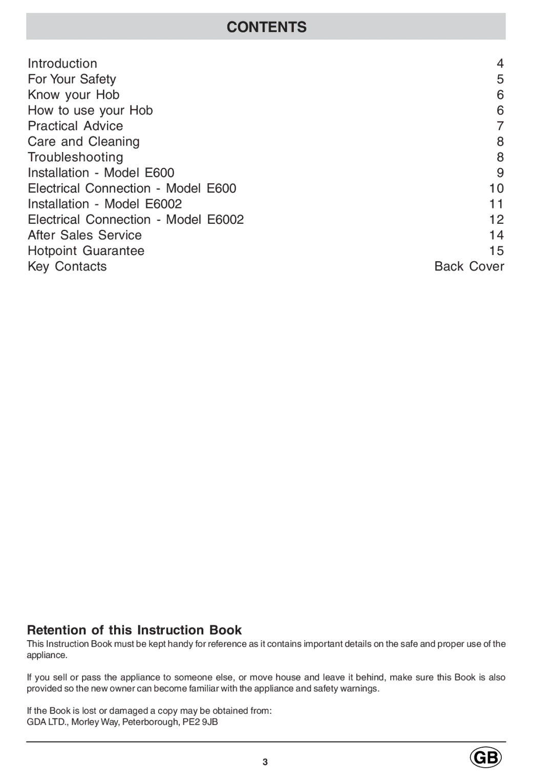 Hotpoint E6002 manual Contents 