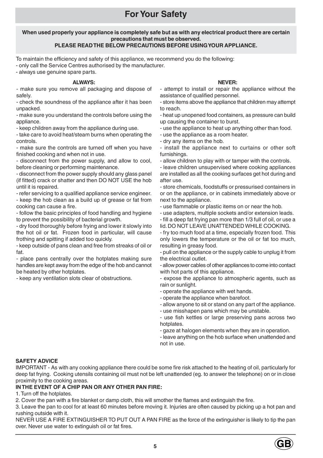 Hotpoint E6002 manual For Your Safety, Please Readthe below Precautions Before Usingyour Appliance 