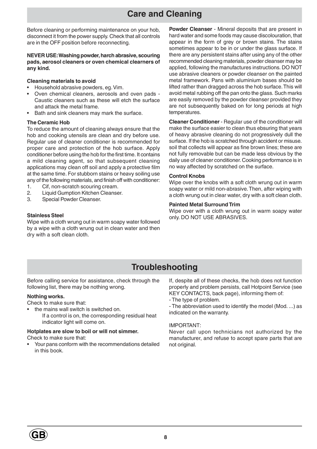 Hotpoint E6002 manual Care and Cleaning, Troubleshooting 