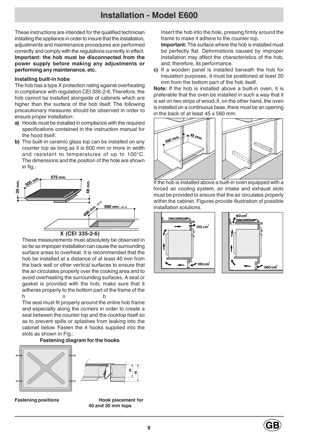 Hotpoint E6002 manual Installation Model E600, Fastening diagram for the hooks 