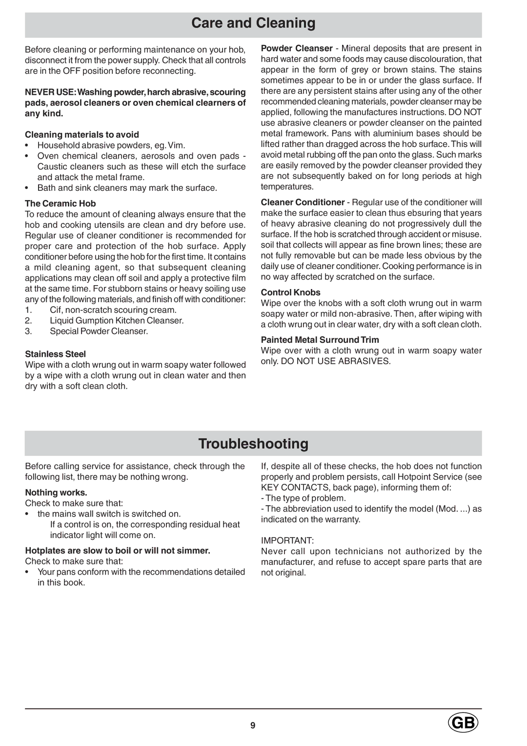 Hotpoint E6004 manual Care and Cleaning, Troubleshooting 