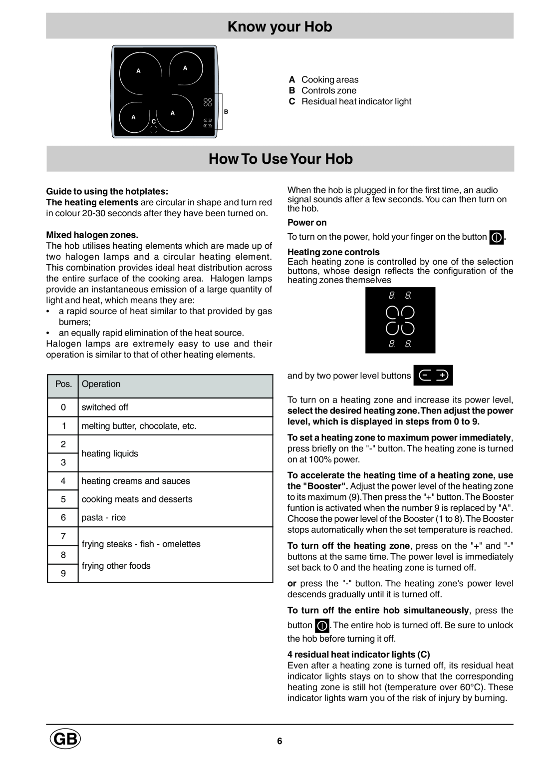 Hotpoint E6004 Know your Hob, How To Use Your Hob, Guide to using the hotplates, Mixed halogen zones, Power on, 8.8 8.8 