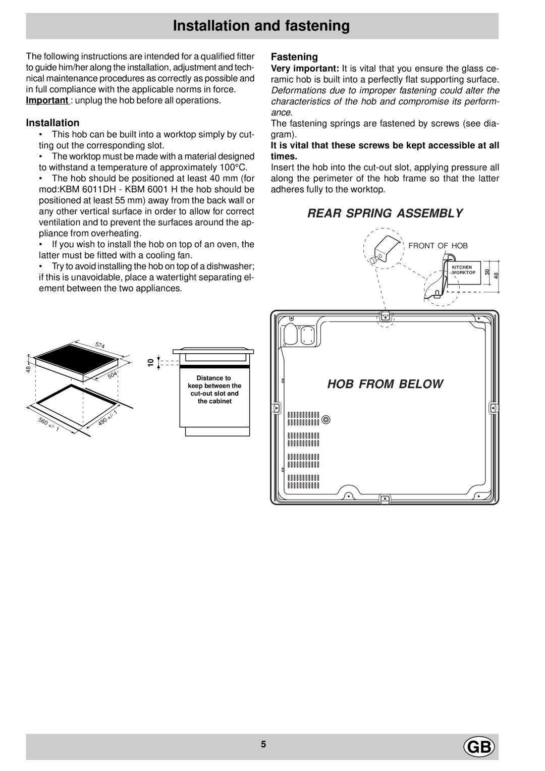 Hotpoint E6014, E6011 manual Installation and fastening, Fastening 