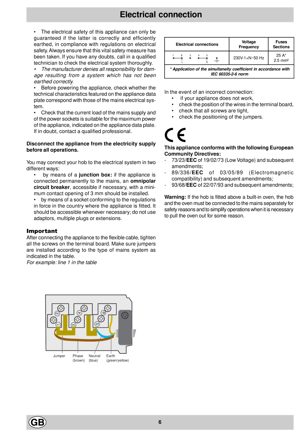 Hotpoint E6011, E6014 manual Electrical connection, For example line 1 in the table 