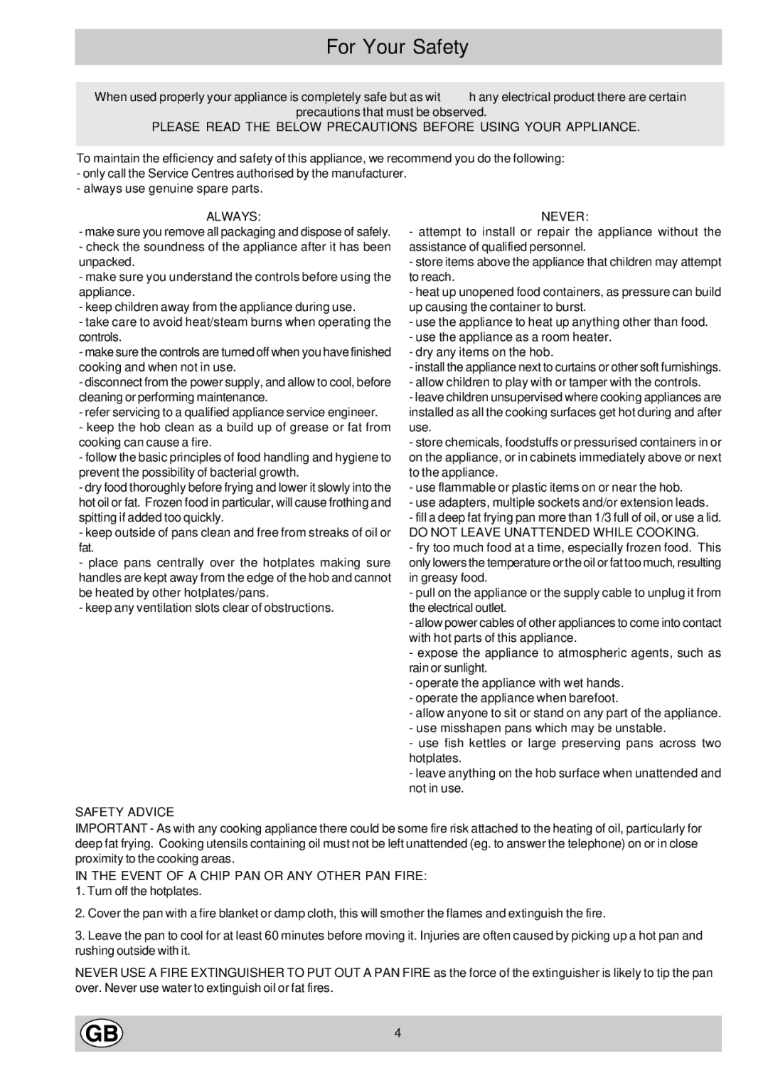 Hotpoint E604 manual For Your Safety, Always, Safety Advice Never, Event of a Chip PAN or ANY Other PAN Fire 