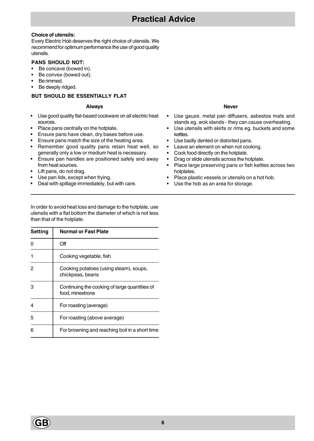 Hotpoint E604 manual Practical Advice, Pans should not, But should be Essentially Flat 