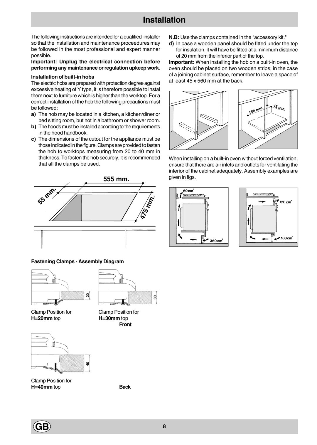 Hotpoint E604 manual Installation of built-in hobs, Fastening Clamps Assembly Diagram, =20mm top =30mm top Front 