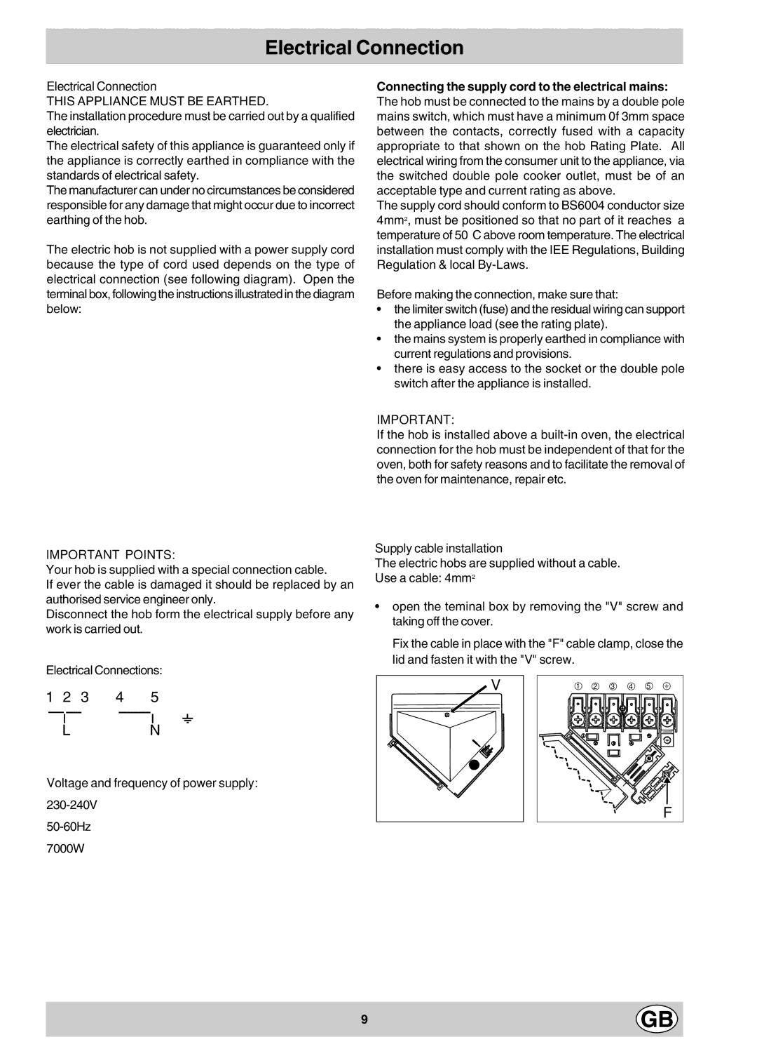 Hotpoint E604 Electrical Connection, Important Points, Supply cable installation, Voltage and frequency of power supply 