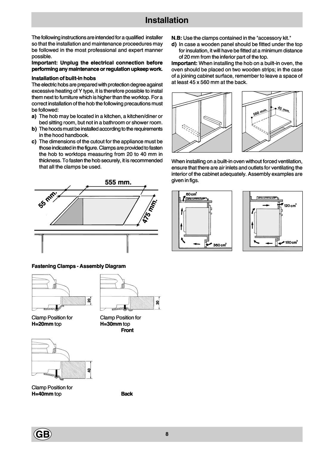Hotpoint E604 555 mm, Installation of built-in hobs, Fastening Clamps - Assembly Diagram, H=20mm top, H=30mm top, Back 