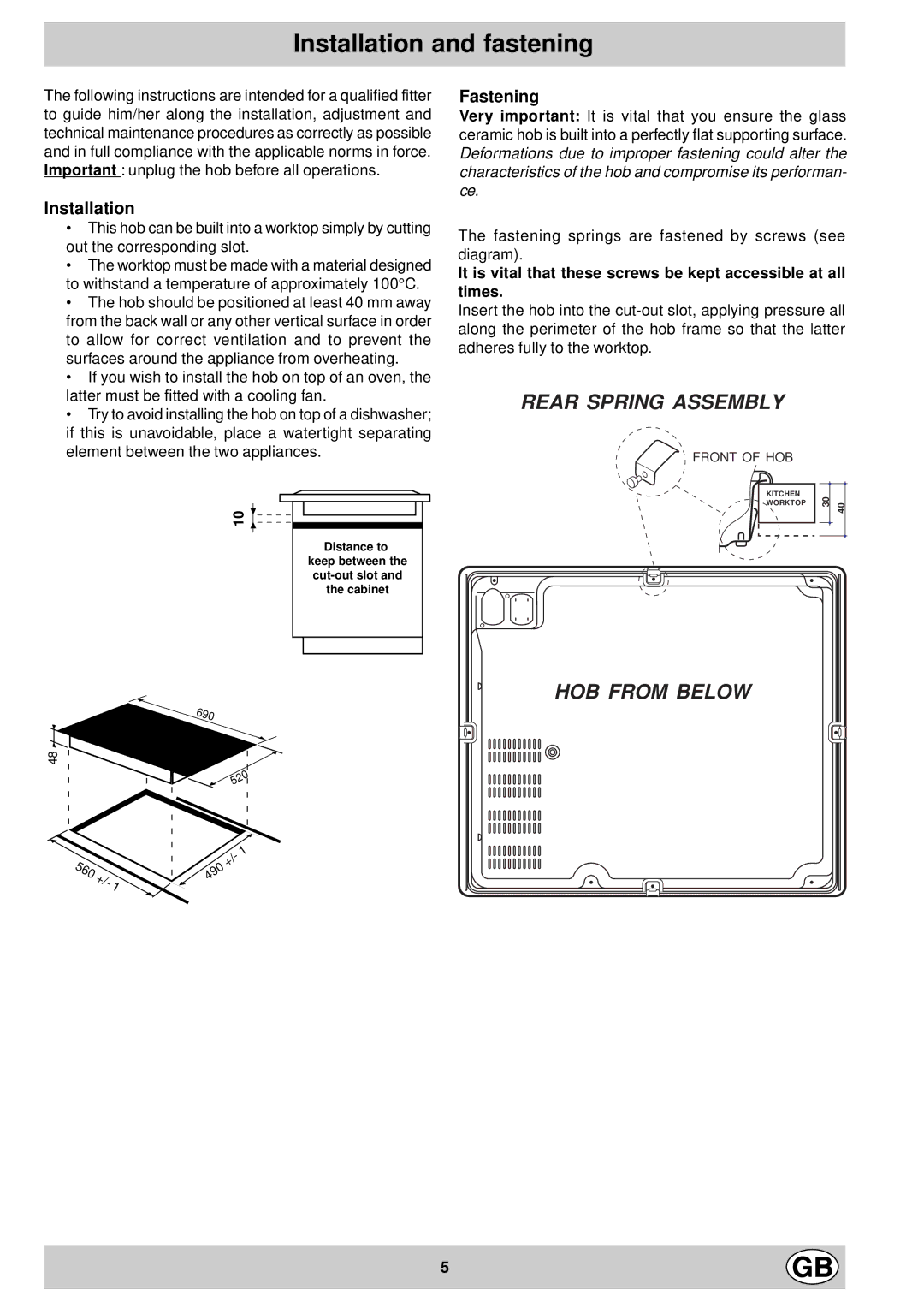 Hotpoint E6005, E7134 manual Installation and fastening, Fastening 