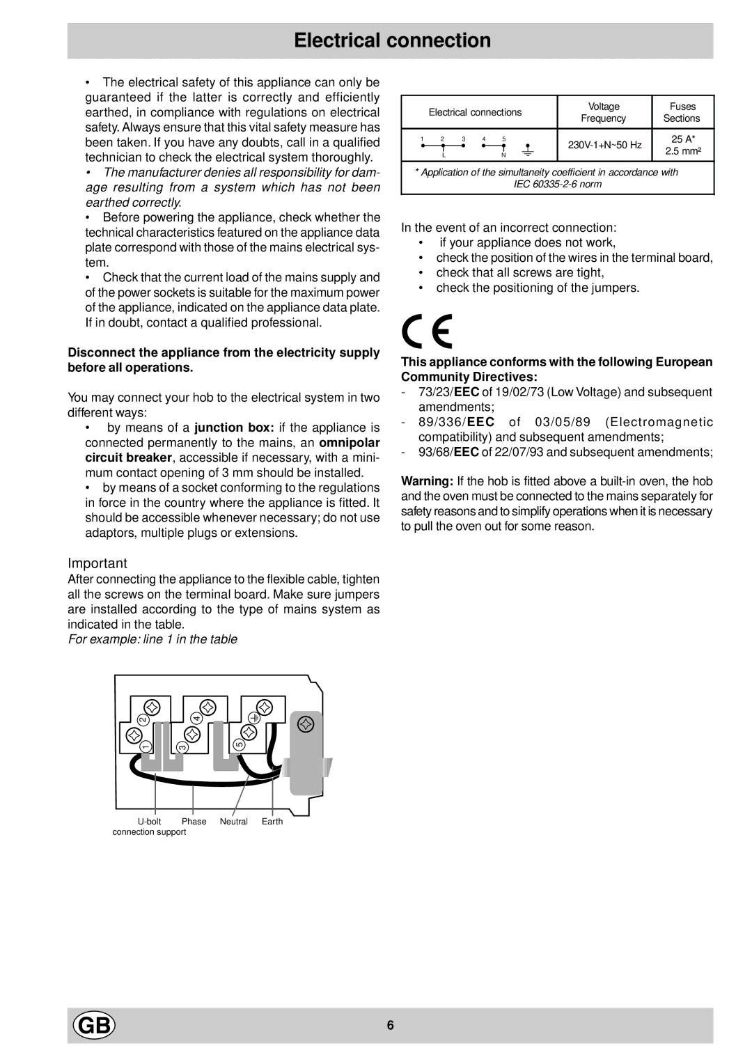 Hotpoint EC6005 manual Electrical connection, For example line 1 in the table 