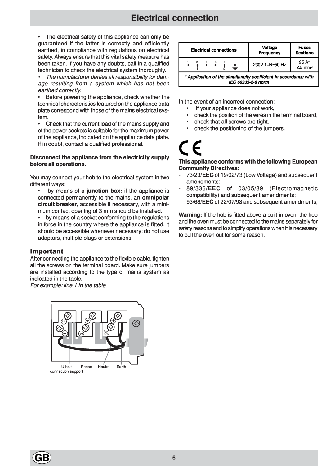 Hotpoint EC6005 manual Electrical connection, For example line 1 in the table 