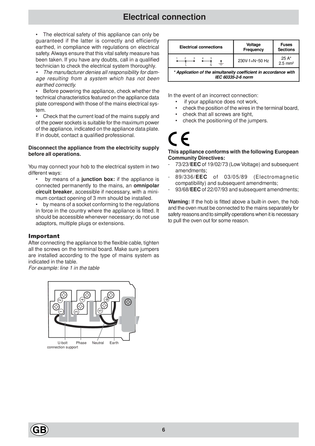 Hotpoint EC6011 - EC6014 manual Electrical connection, For example line 1 in the table 