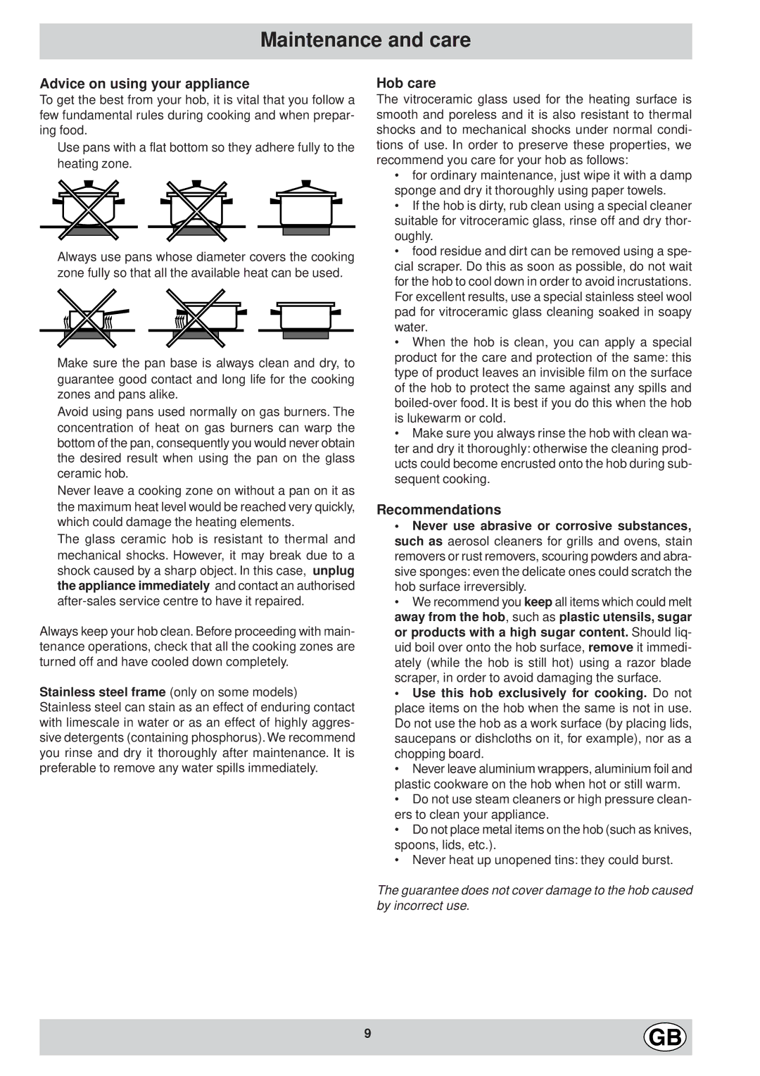 Hotpoint EC6011 - EC6014 manual Maintenance and care, Advice on using your appliance, Hob care, Recommendations 