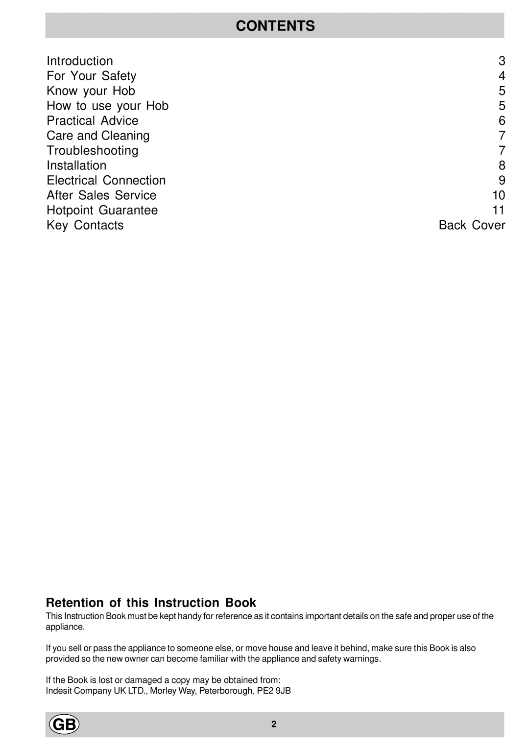 Hotpoint EC604 manual Contents 