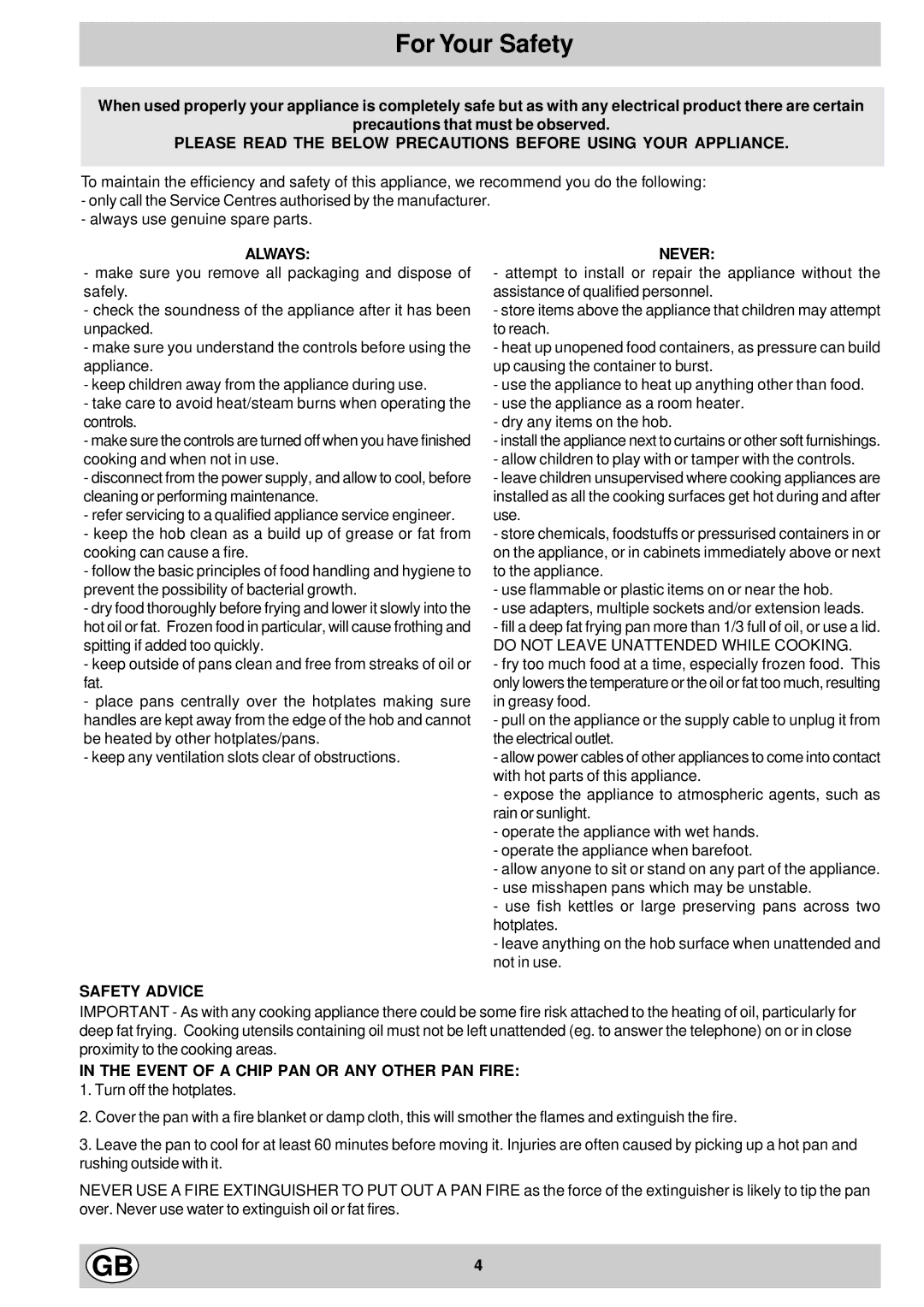 Hotpoint EC604 manual For Your Safety, Always, Safety Advice Never, Event of a Chip PAN or ANY Other PAN Fire 