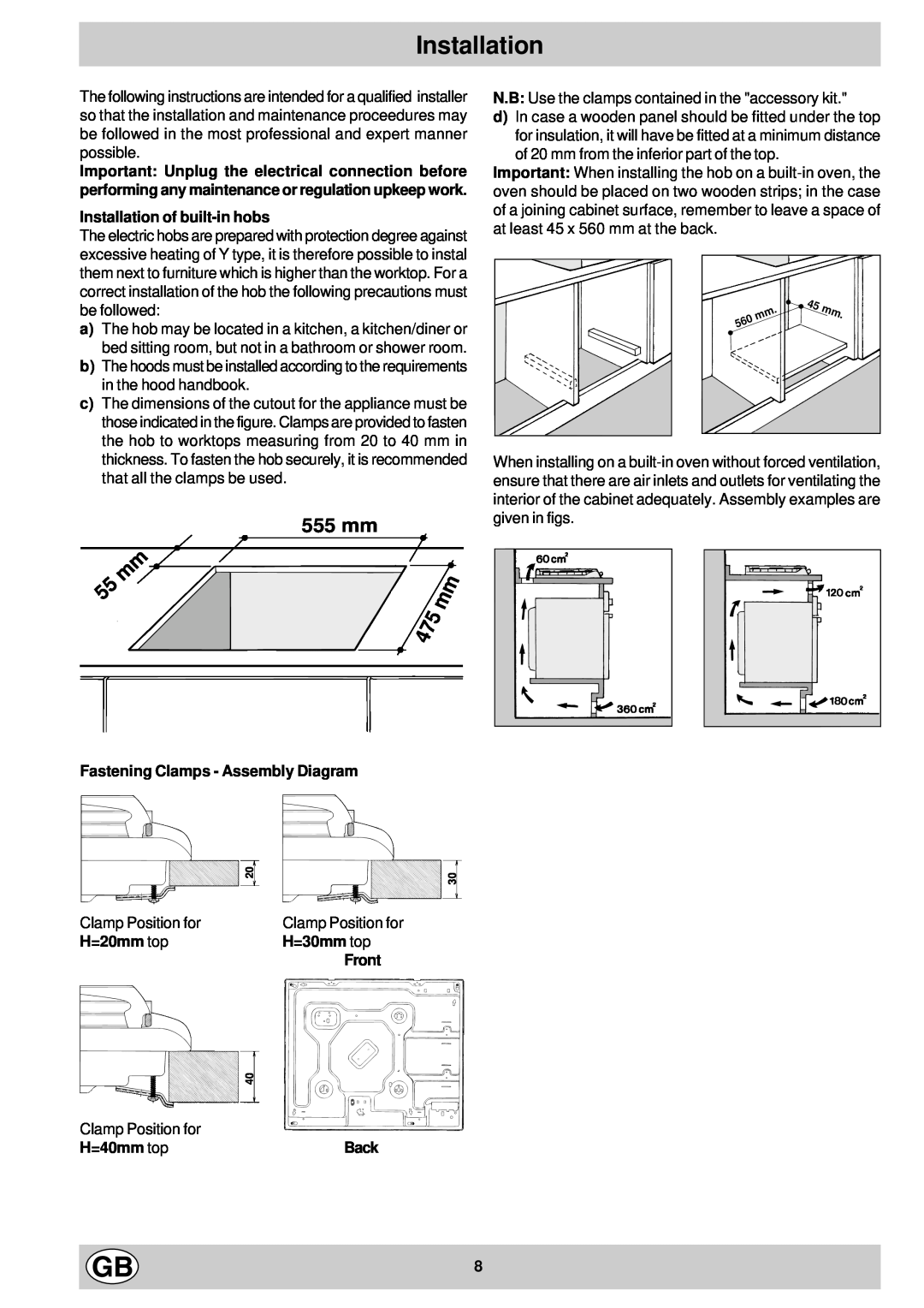 Hotpoint EC604 555 mm, Installation of built-in hobs, Fastening Clamps - Assembly Diagram, H=20mm top, H=30mm top 