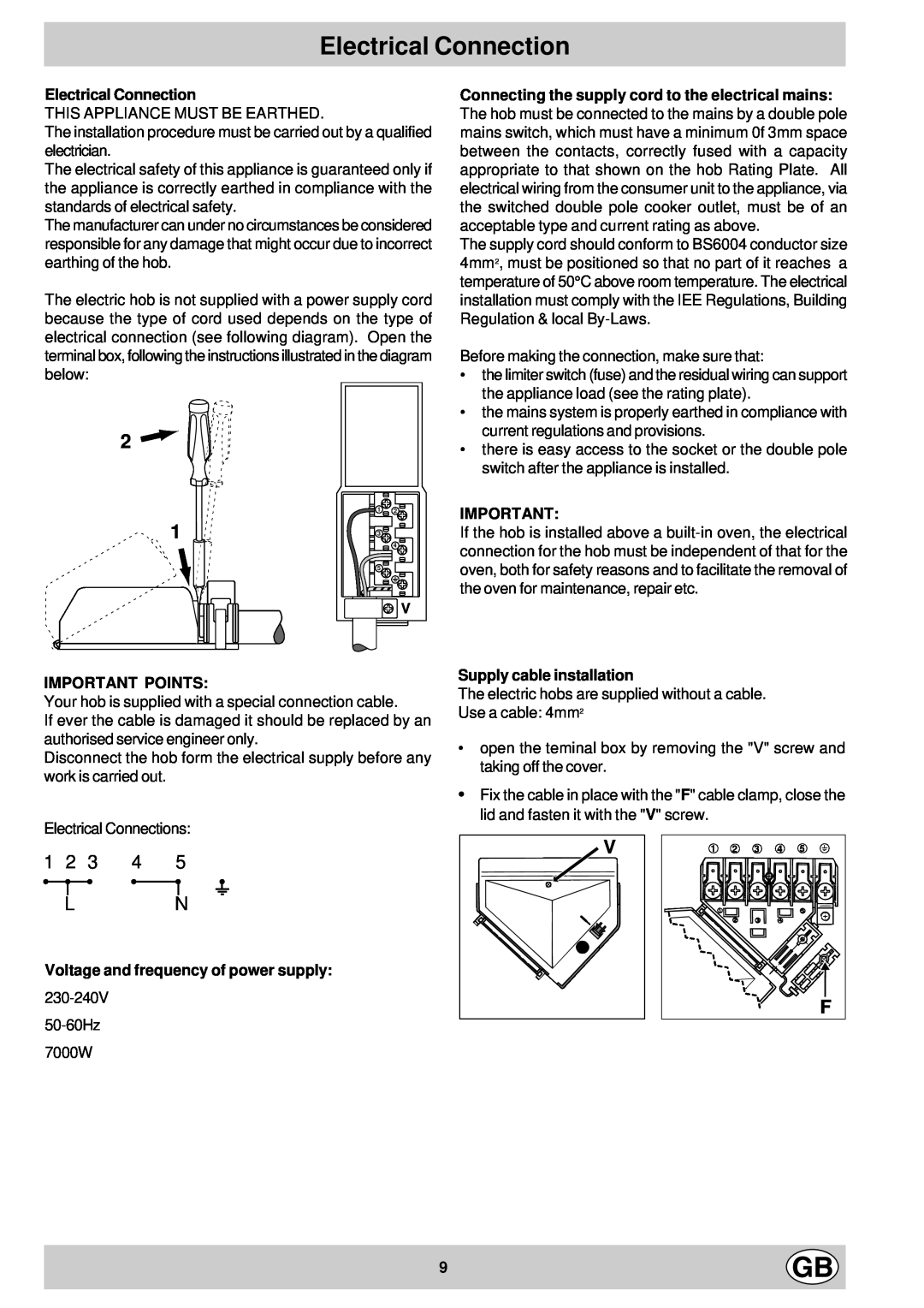 Hotpoint EC604 Electrical Connection, Important Points, Supply cable installation, Voltage and frequency of power supply 