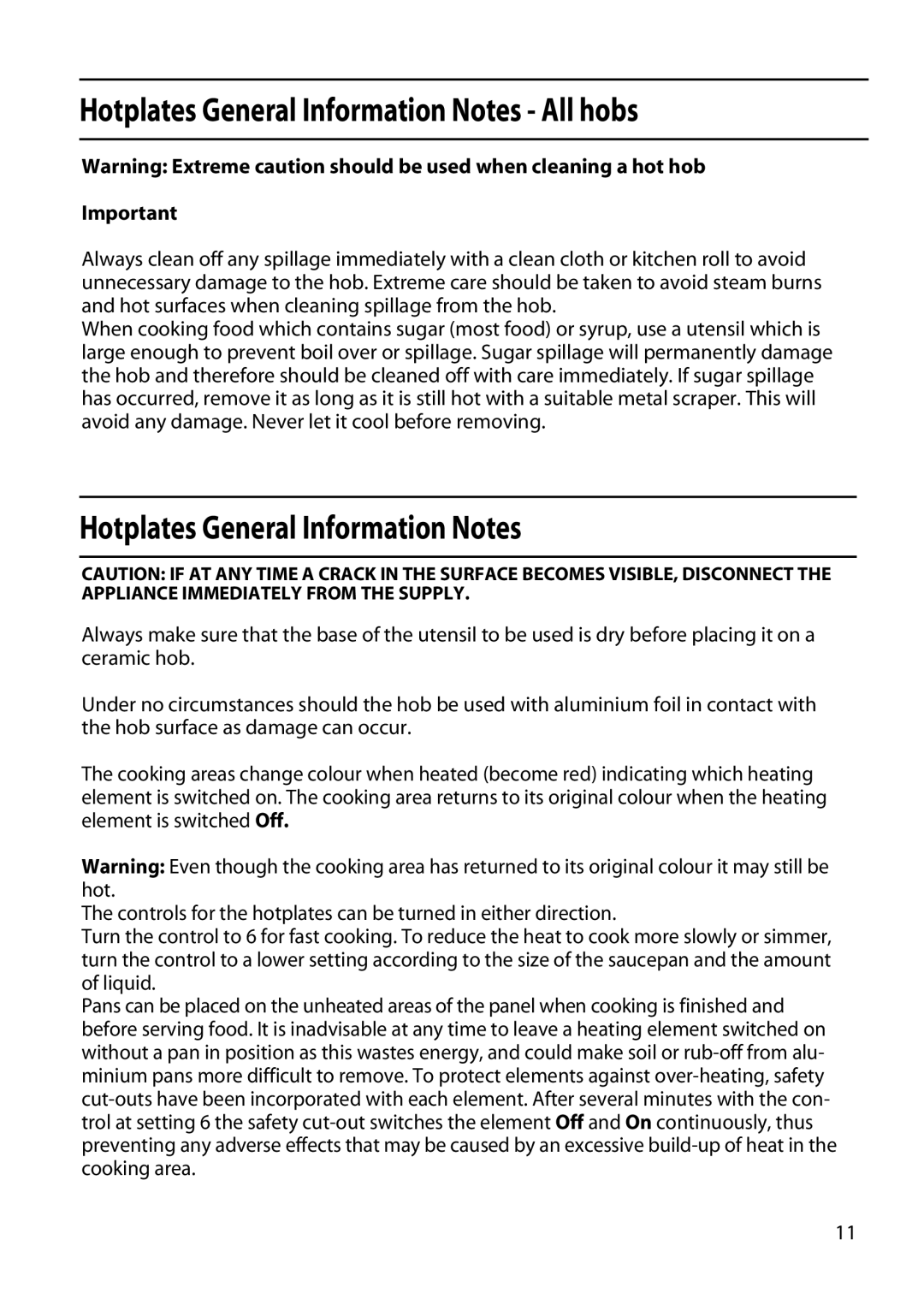 Hotpoint EDC51 manual Hotplates General Information Notes All hobs 