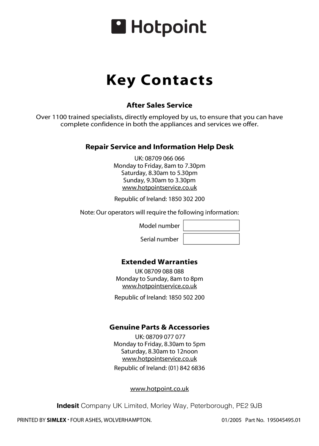 Hotpoint EDC51 manual Key Contacts 