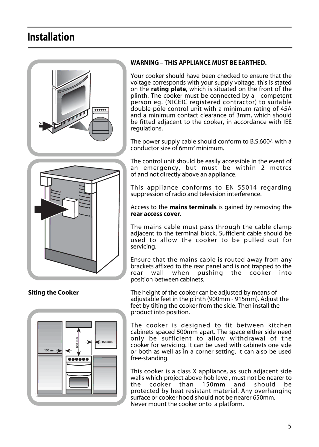 Hotpoint EDC51 manual Installation, Siting the Cooker 