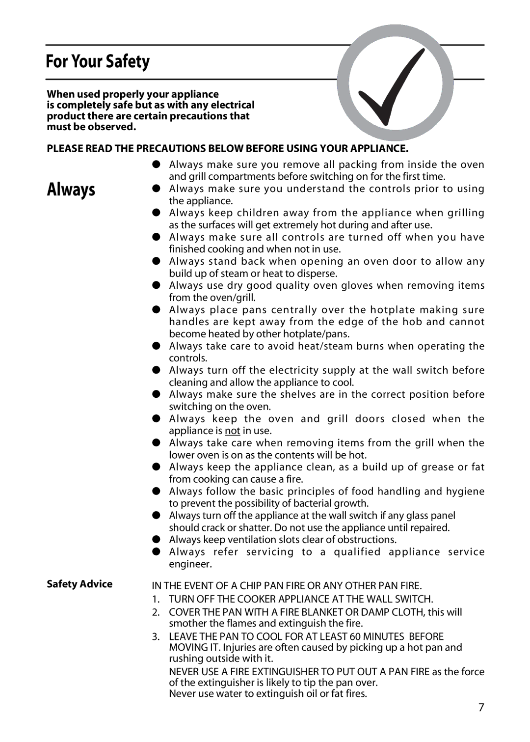 Hotpoint EDC51 manual For Your Safety, Always, Safety Advice 