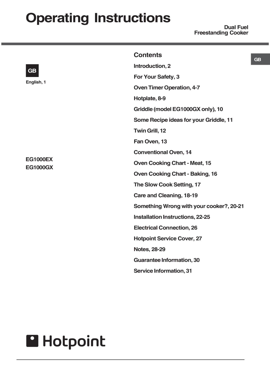 Hotpoint EG1000GX, EG1000EX installation instructions Operating Instructions, Contents 