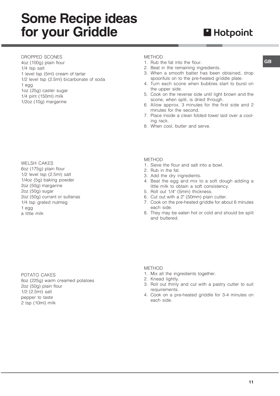 Hotpoint EG1000GX, EG1000EX installation instructions Some Recipe ideas for your Griddle, Welsh Cakes, Potato Cakes, Method 