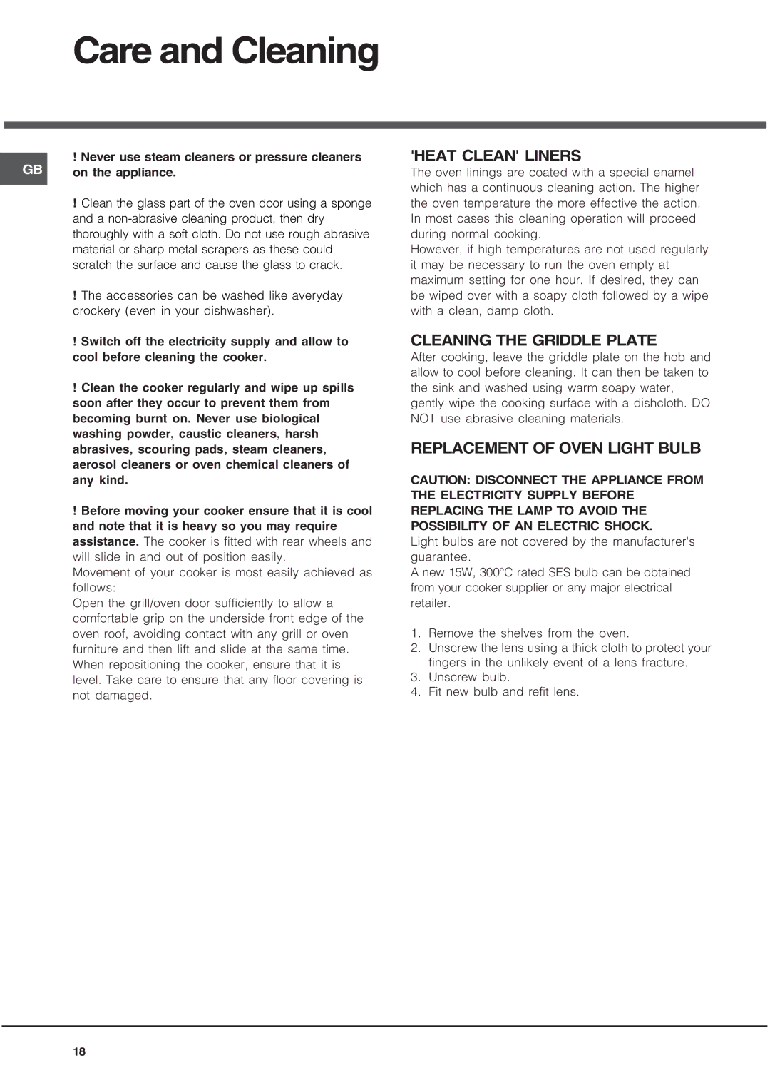 Hotpoint EG1000EX Care and Cleaning, Heat Clean Liners, Cleaning the Griddle Plate, Replacement of Oven Light Bulb 