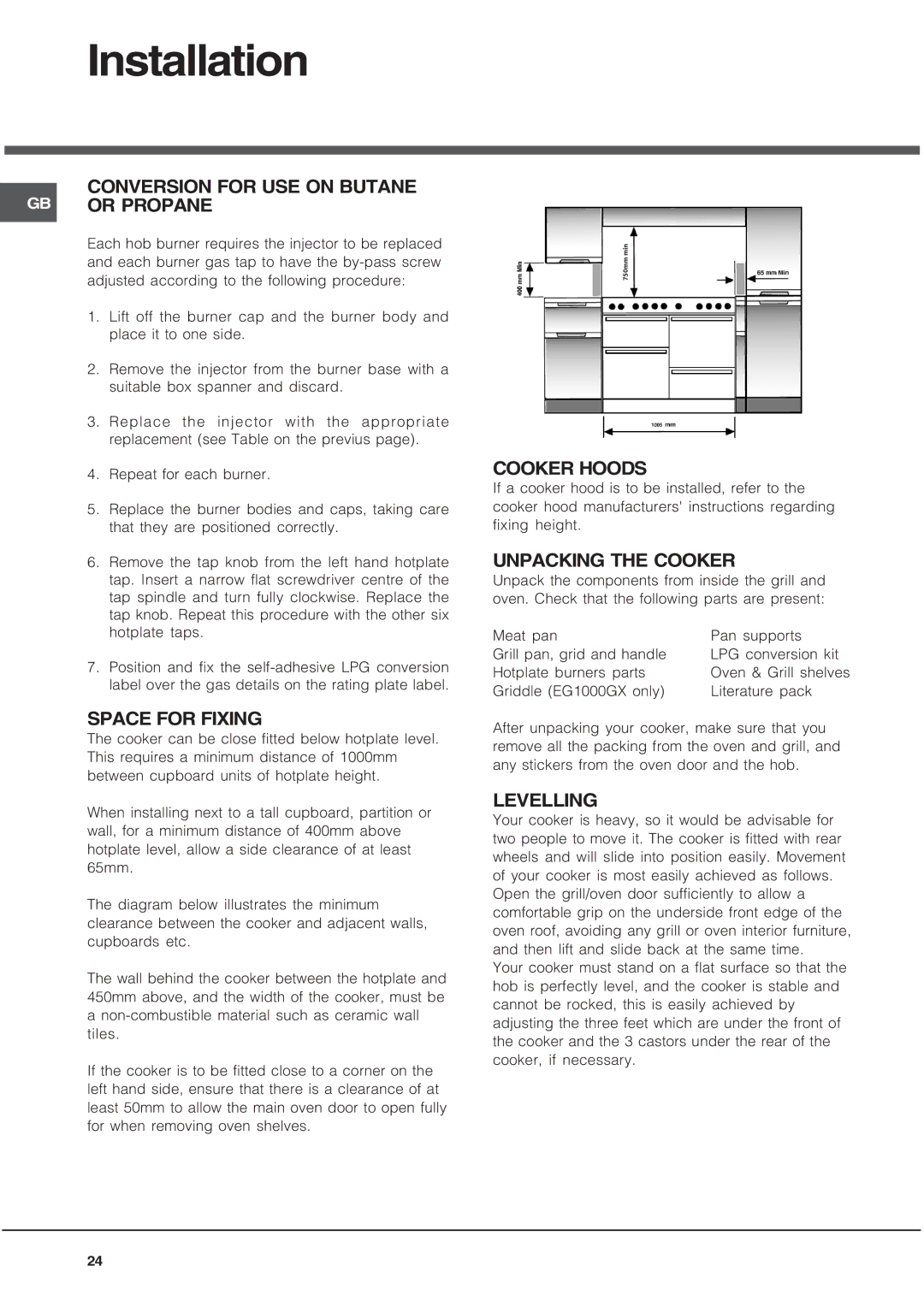 Hotpoint EG1000EX Conversion for USE on Butane GB or Propane, Space for Fixing, Cooker Hoods, Unpacking the Cooker 