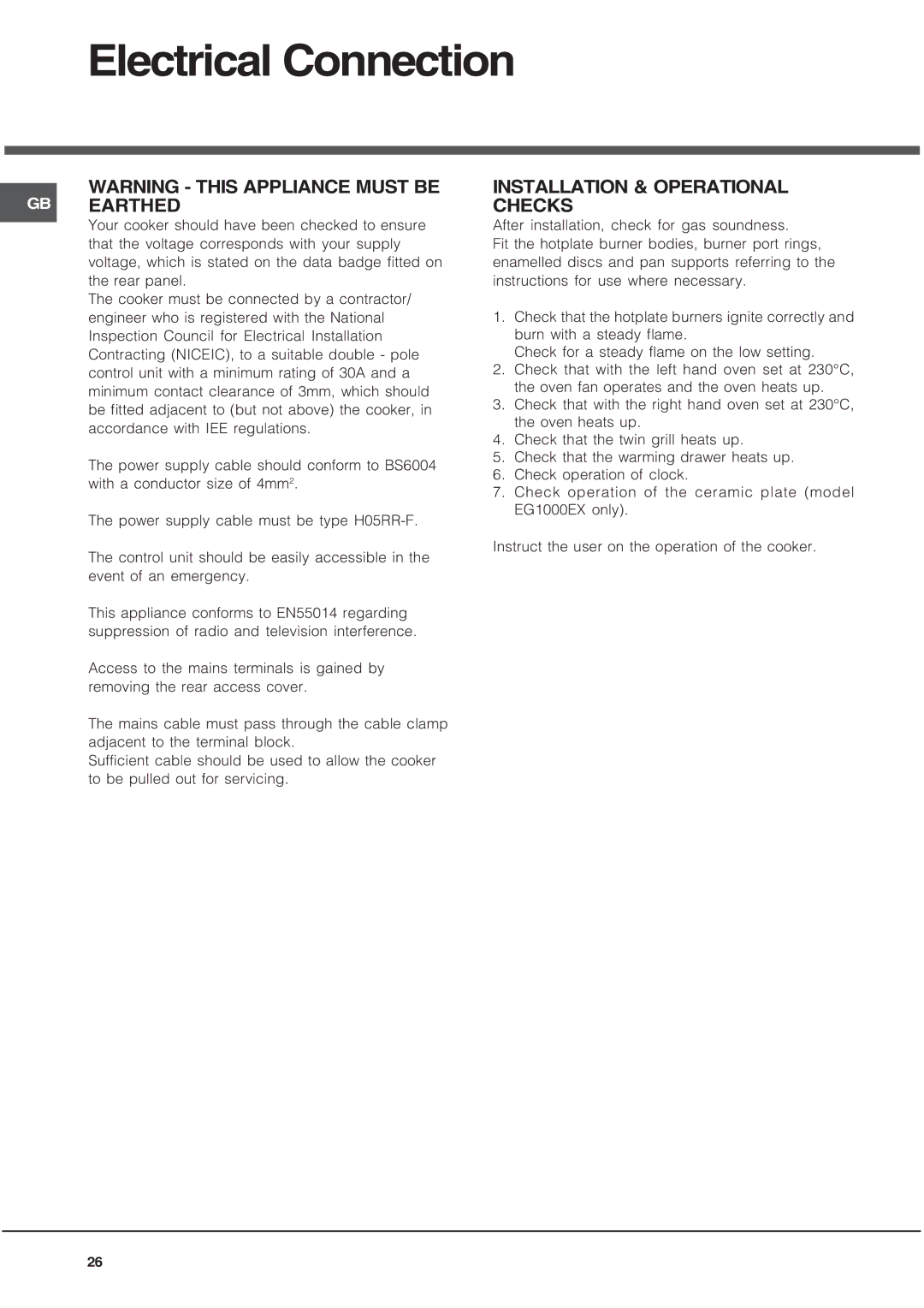 Hotpoint EG1000EX, EG1000GX installation instructions Electrical Connection, Installation & Operational Checks 