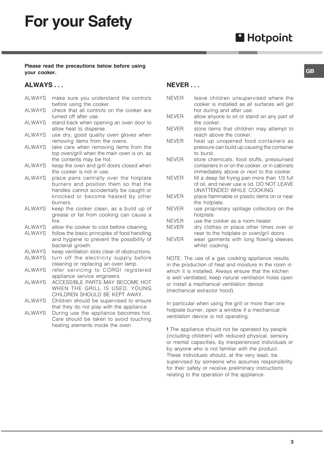 Hotpoint EG1000GX, EG1000EX installation instructions For your Safety 