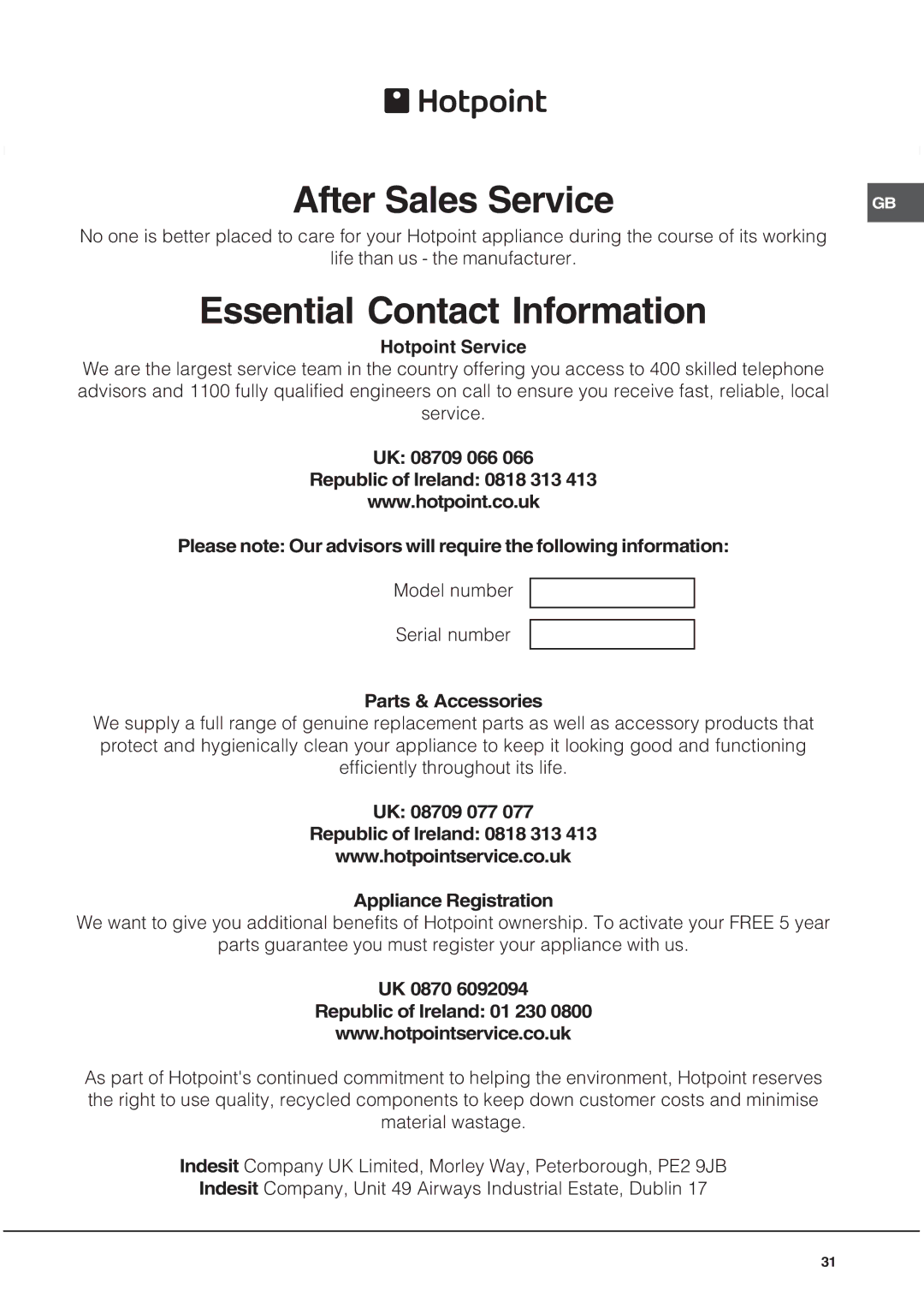 Hotpoint EG1000GX, EG1000EX installation instructions After Sales Service 