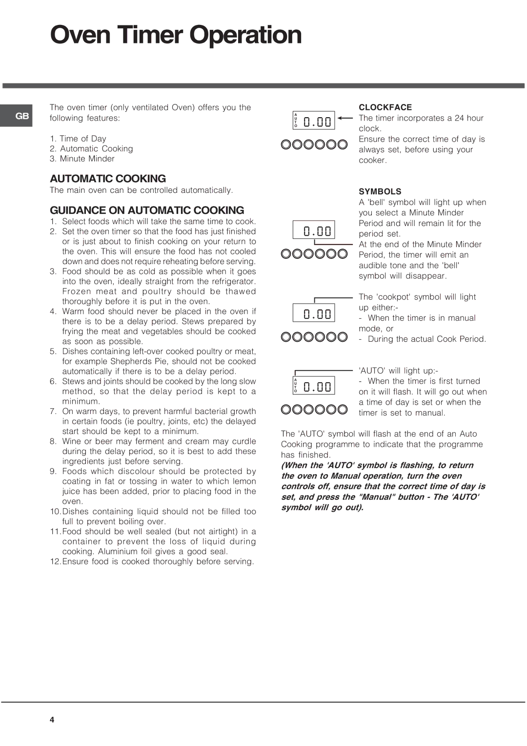 Hotpoint EG1000EX, EG1000GX Oven Timer Operation, Guidance on Automatic Cooking, Clockface, Symbols 