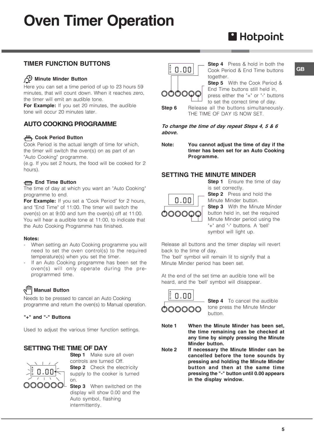 Hotpoint EG1000GX Timer Function Buttons, Auto Cooking Programme, Setting the Time of DAY, Setting the Minute Minder 