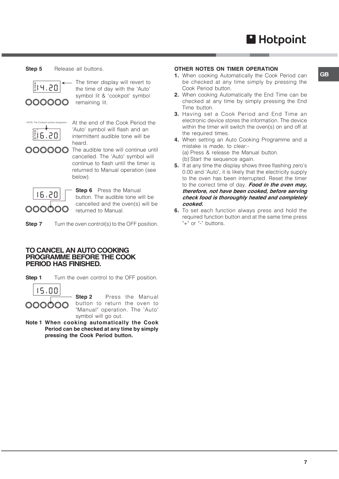 Hotpoint EG1000GX, EG1000EX installation instructions Other Notes on Timer Operation 