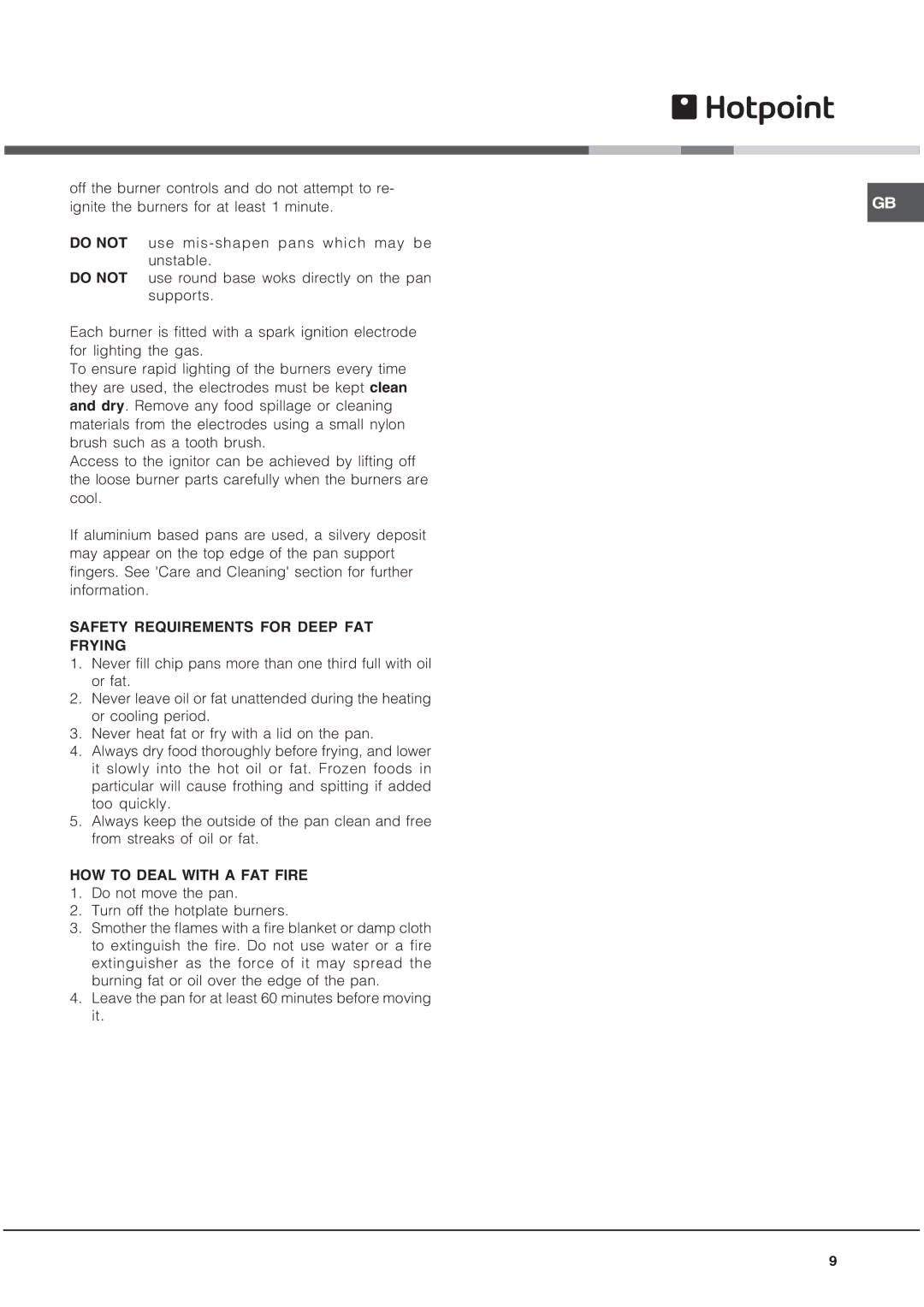 Hotpoint EG1000GX, EG1000EX installation instructions Safety Requirements for Deep FAT Frying, HOW to Deal with a FAT Fire 