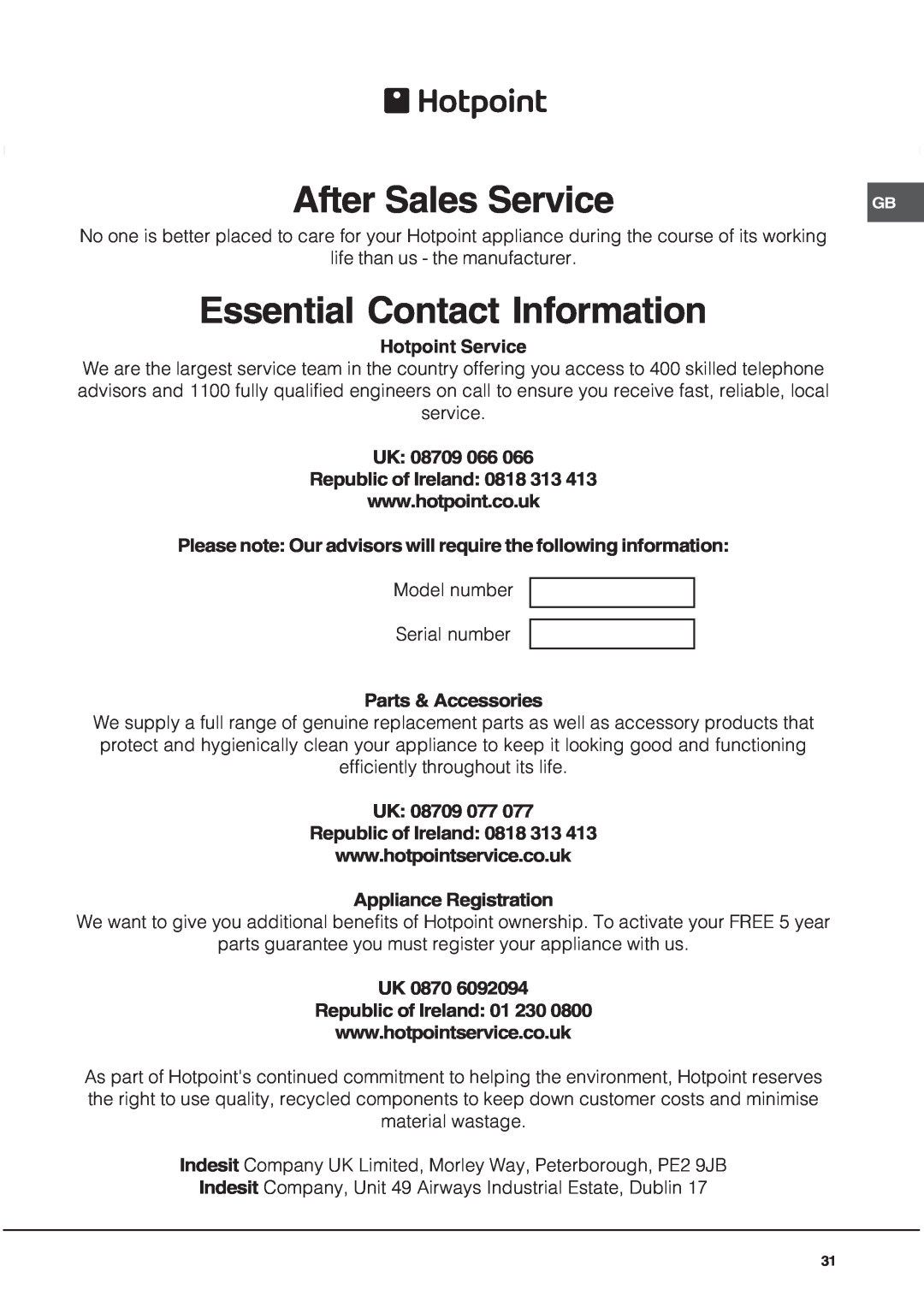 Hotpoint EG1000GX, EG1000EX installation instructions After Sales Service, Essential Contact Information 
