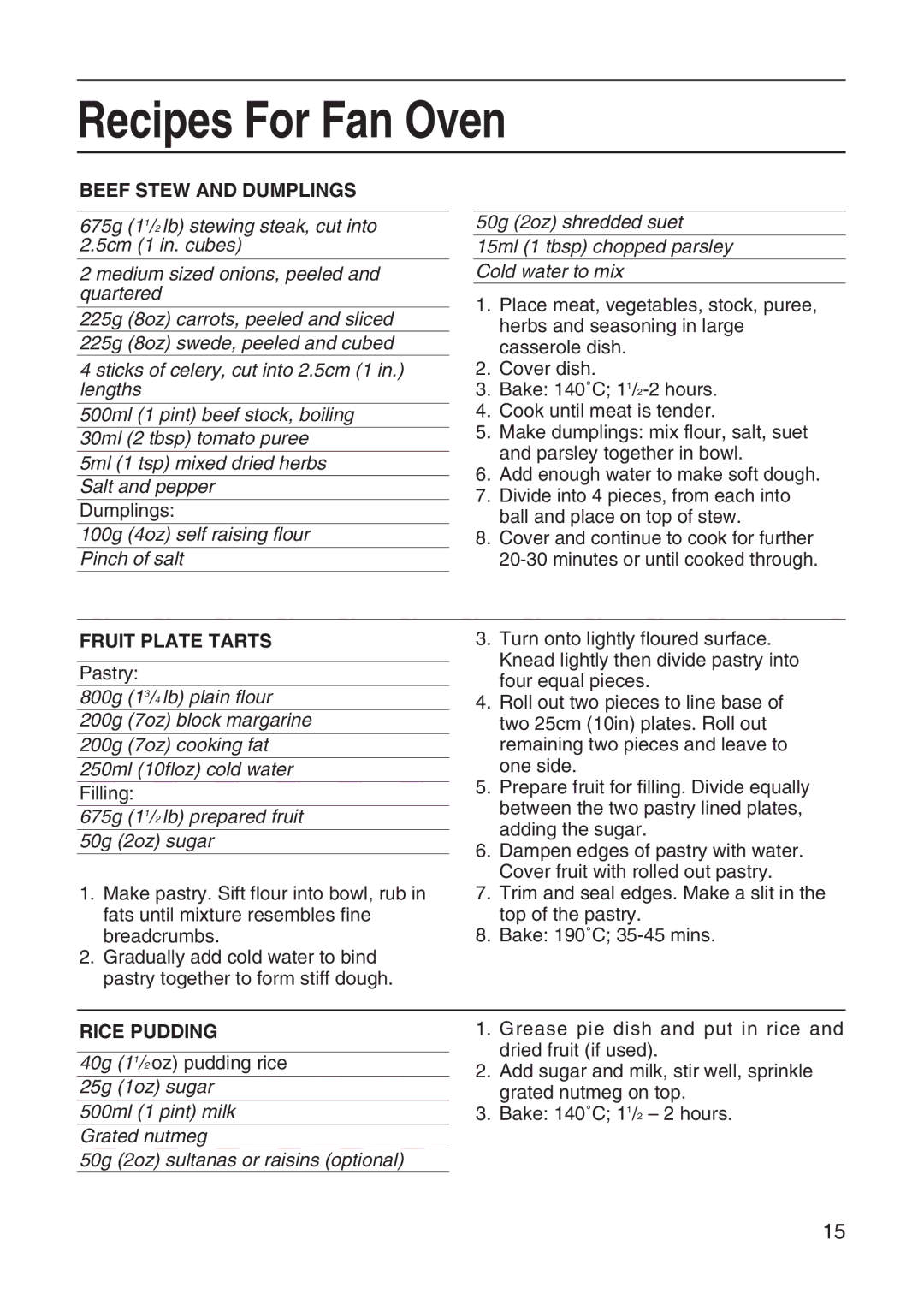 Hotpoint EG20, EG21 & EG22 manual Recipes For Fan Oven, Beef Stew and Dumplings 