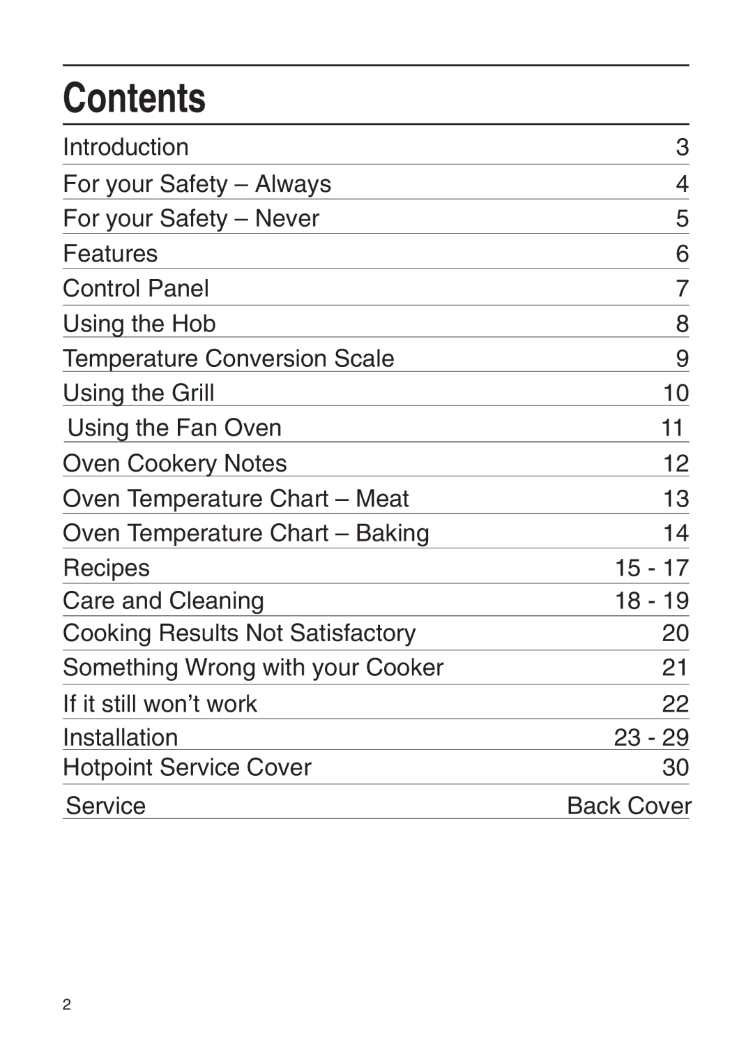 Hotpoint EG21 & EG22, EG20 manual Contents 