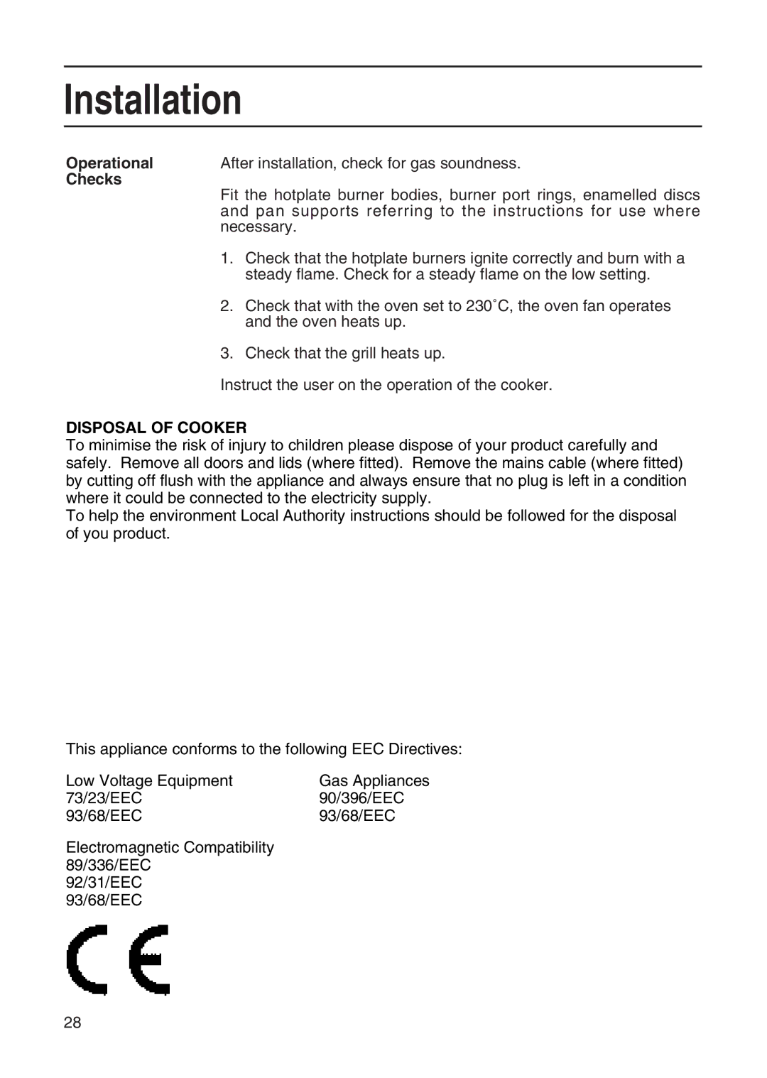 Hotpoint EG21 & EG22, EG20 manual Operational, Checks 