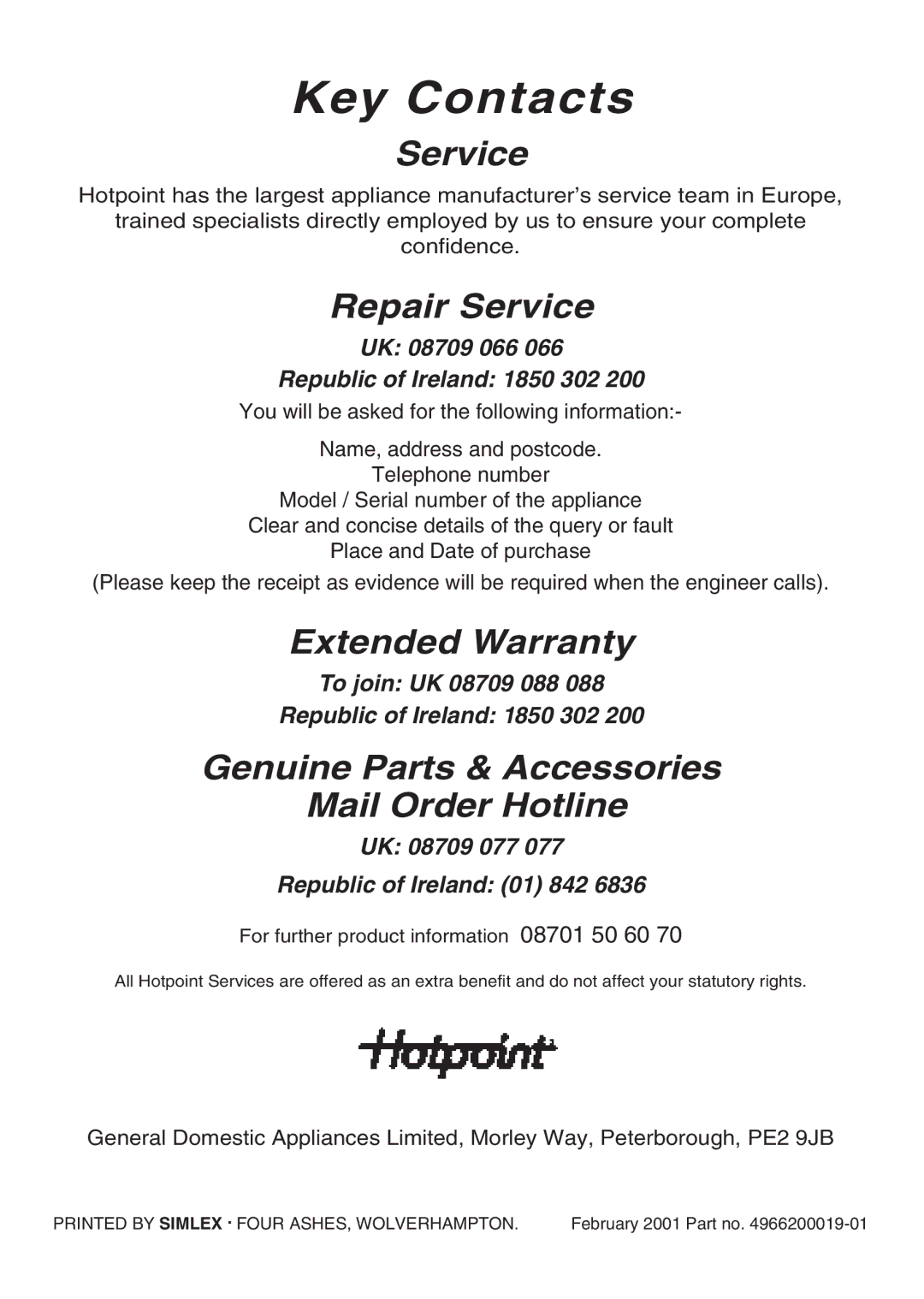 Hotpoint EG21 & EG22, EG20 manual Key Contacts 