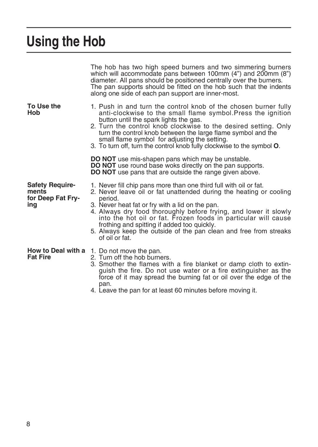 Hotpoint EG21 & EG22, EG20 manual To Use Hob Safety Require- ments For Deep Fat Fry- ing, How to Deal with a Fat Fire 