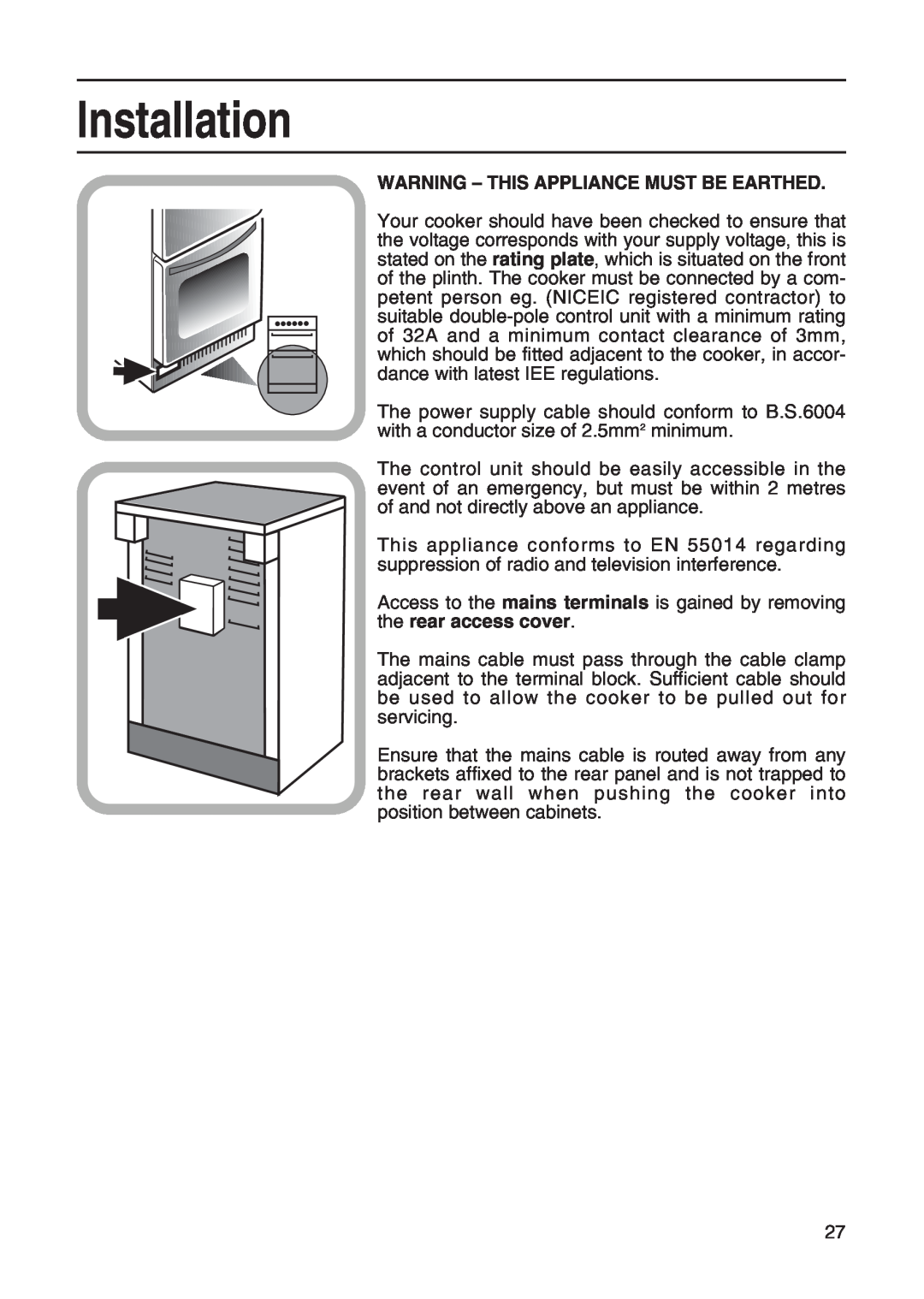 Hotpoint EG20, EG21 & EG22 manual Installation, Warning - This Appliance Must Be Earthed 